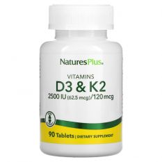 NaturesPlus, D(2500 МЕ) + K (120 мкг), 90 таб.